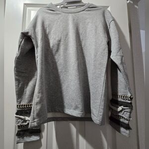 JUNIE Gray Sweatshirt with RIBBON DETAIL ON LOWER SLEEVES.